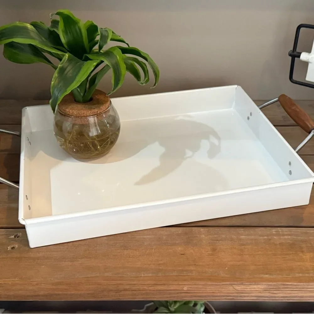 Pottery Barn, Metal White Rectangular‎ Serving Tray. Wood handles